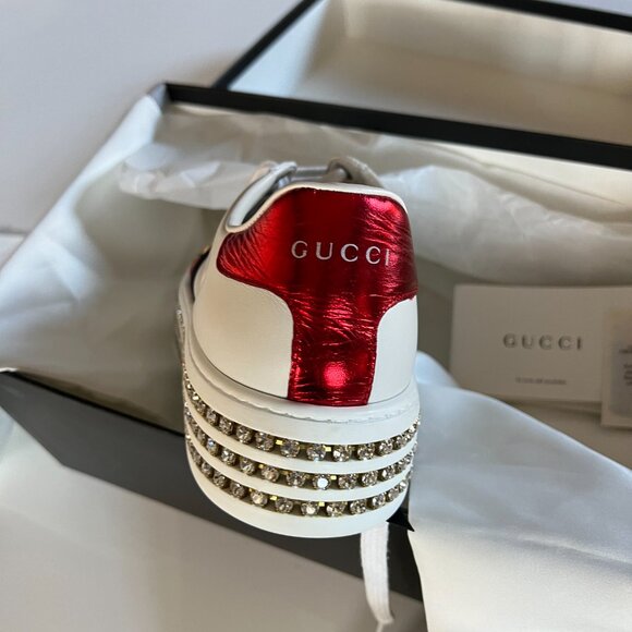 Gucci White Leather Crystal Studded Ace Lace Up Sneakers Size 38 - Picture 10 of 11